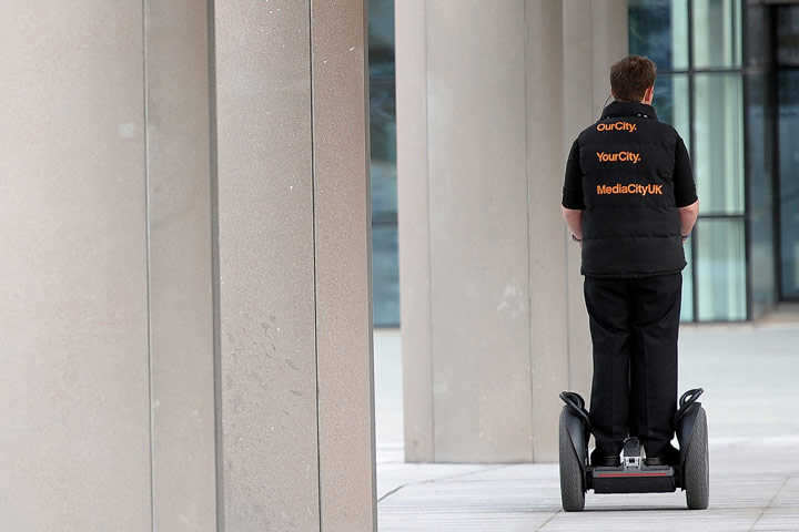 BBC Salford: A security guard riding a Segway