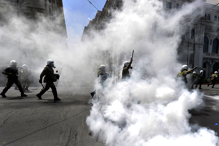 Protests in Athens: Greek riot police clash with demonstrators during a protest in Athens