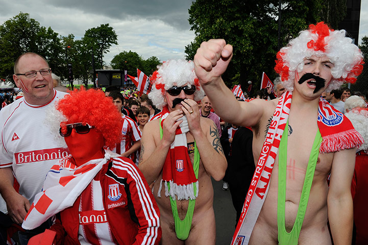 FA Cup Final City v Stoke: Stoke fans in fancy dress make their way up Wembley Way.