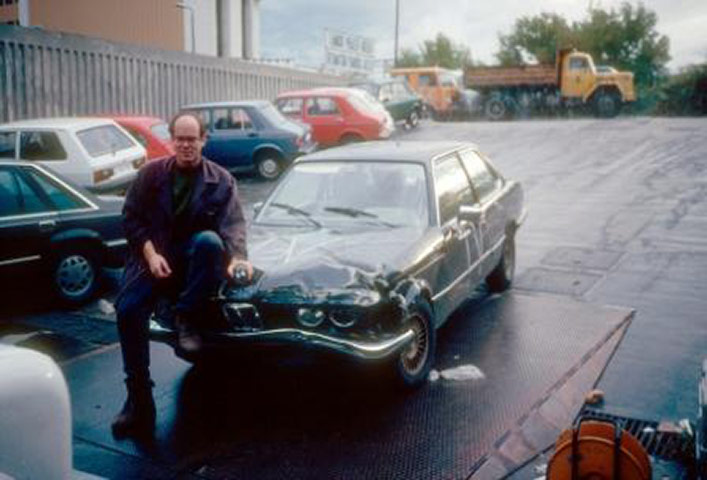 Rory Peck poses with his Bosnian BMW