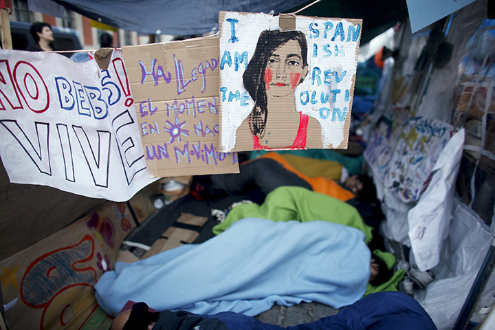 elections in spain: Demonstrators camp out in Madrid's Puerta del Sol
