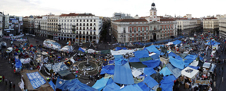 elections in spain: An elevated view of the demonstrators camp Puerta del Sol 