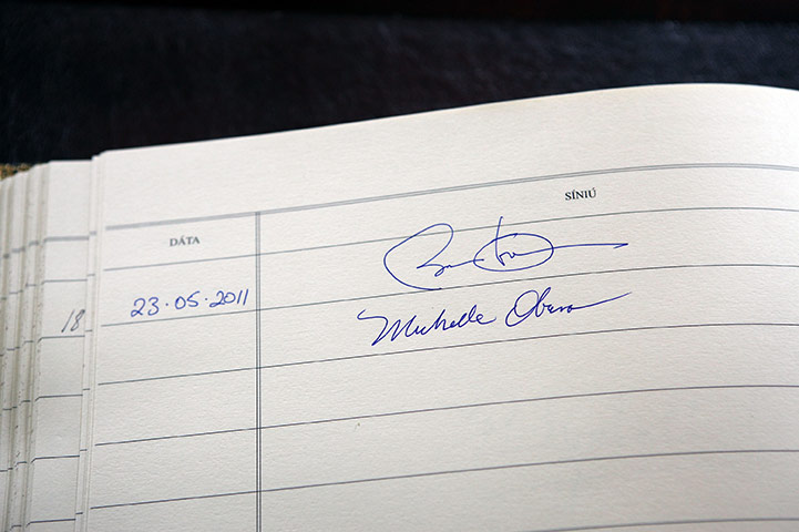 obama visits Ireland: visitors book at Aras an Uachtarain in Dublin 