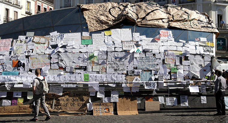 Spain protests continue: Several banners placed by demonstrators at Puerta del Sol square