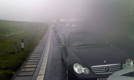 M62 motorway traffic jam in the rain