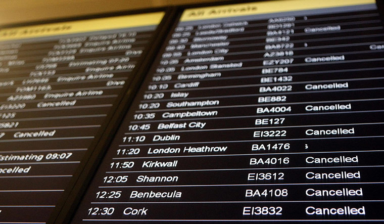 Grimsvotn volcano: An arrivals board at Glasgow Airport Scotland shows flight cancellations 