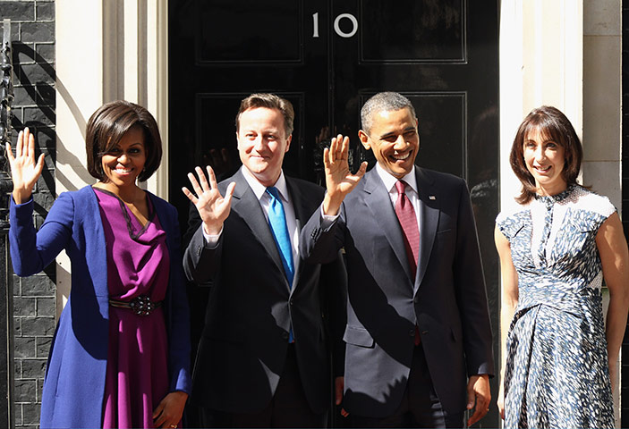 Obama visits UK: Barack and Michelle Obama wave with David and Samantha Cameron