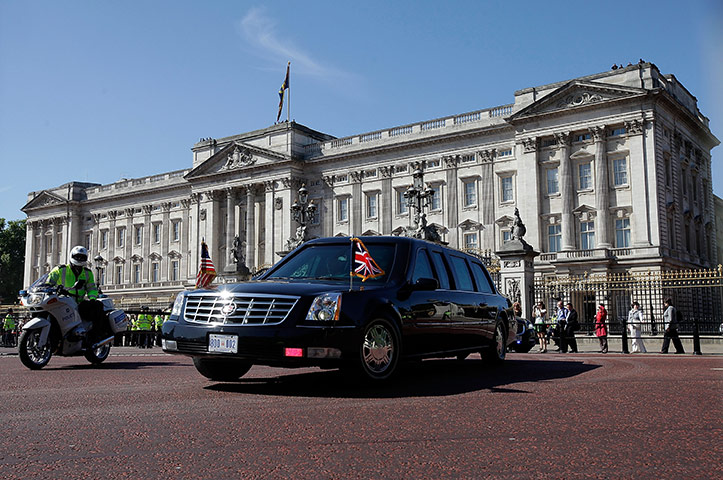Obama UK visit: The Presidential motorcade leaves Buckingham Palace for Downing Street