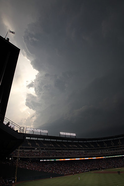 Tornadoes in US: Heavy rain clouds form at Rangers Ballpark