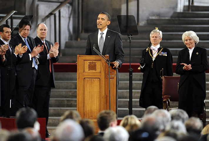 Obama UK visit update: Barack Obama is applauded as he speaks at the British parliament