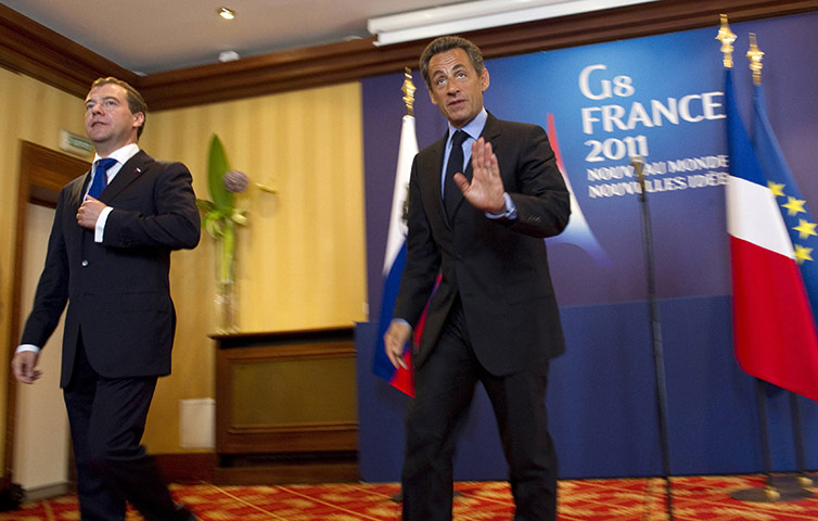 G8 summit: Dmitry Medvedev and France's President Nicolas Sarkozy 