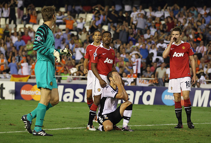 United's road to Wembley: Valencia's Soldado reacts after missing a chance against Man United 