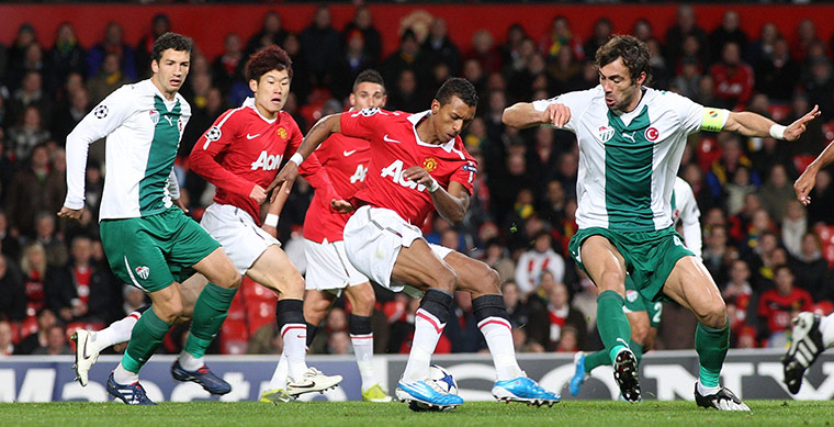 United's road to Wembley: Manchester United's Nani goes past Omer Erdogen of Bursaspor