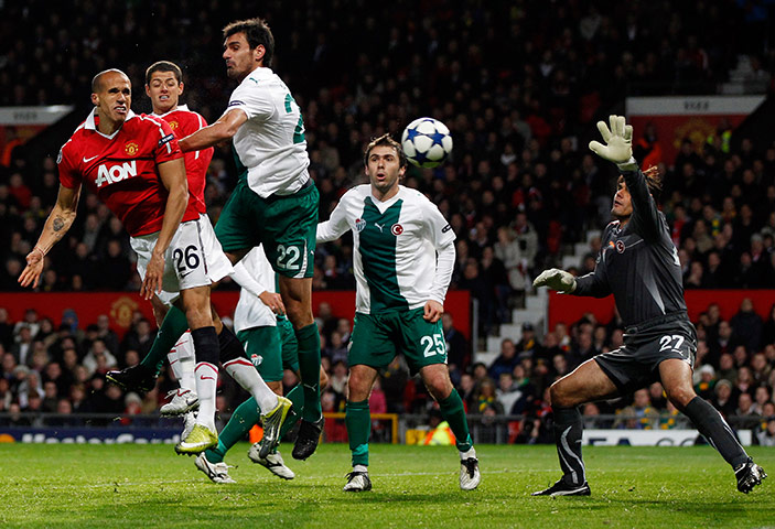 United's road to Wembley: Gabriel Obertan heads the ball as United attacks the Bursaspor defence 