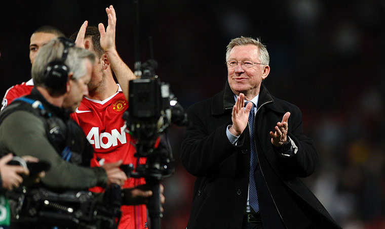 United's road to Wembley: Manchester United manager Alex Ferguson celebrates the victory over Schalke