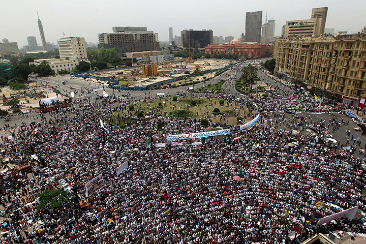 Middle East Unrest: Thousands of Egyptians pray during a demonstration in Tahrir Square