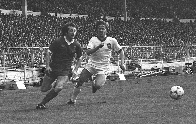 Wembley European Finals: Jimmy Case goes around a Bruge player in the 1978 European Cup final