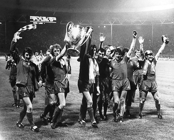 Wembley European Finals: Liverpool players parade the European Cup trophy around Wembley