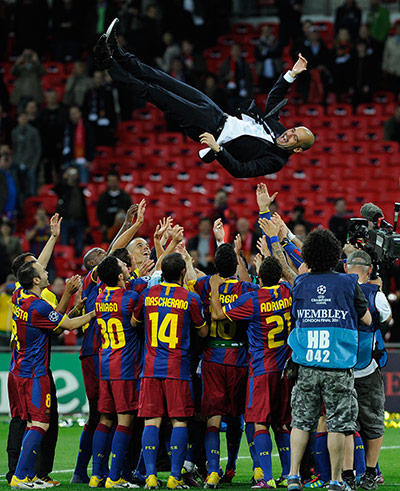 UCL final: Guardiola is tossed into the air as the team celebrate their triumph
