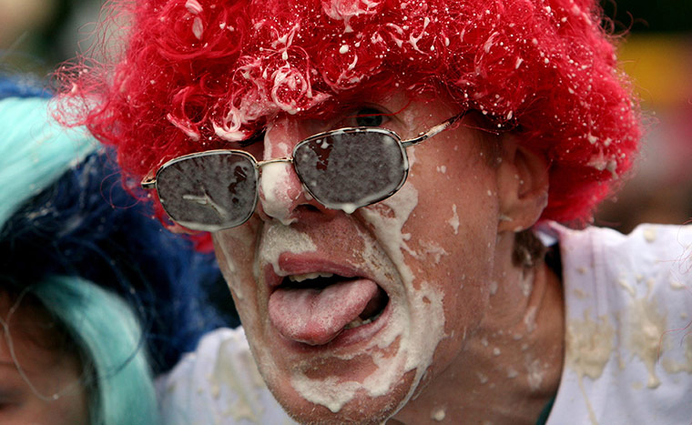 Custard Pie Champs: Competitor Paul Humphries takes part 