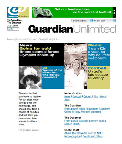 Guardian at 190 years: The first Guardian Unlimited webpage front