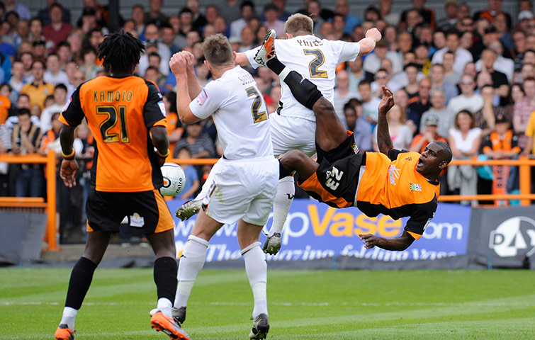 Barnet v Port Vale: Izale McLeod attempts an acrobatic effort in the 2nd half 