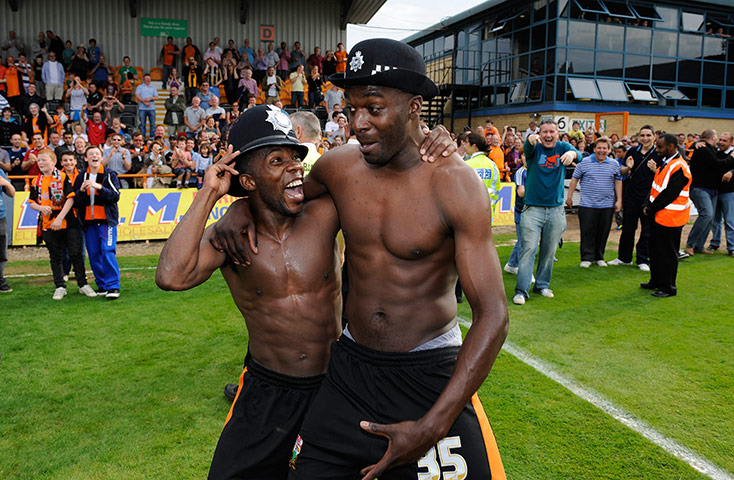Barnet v Port Vale: Mark Marshall (left) and Jude Stirling celebrate on the pitch