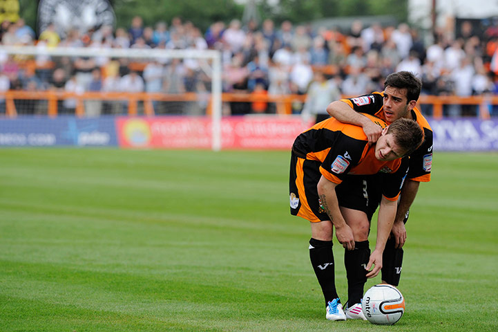 Barnet v Port Vale: Sam Deering and Mark Byrne take their time with a free-kick 
