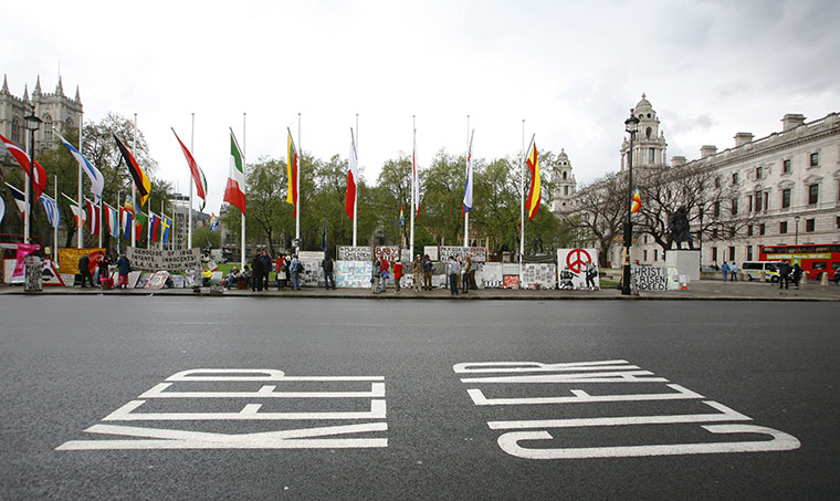 brian haw: Anti-war protester Brian Haw's display outside parliament in May 2006