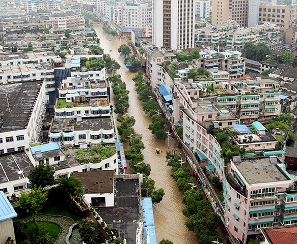Floods in China: a flooded street in Lanxi, east China's Zhejiang