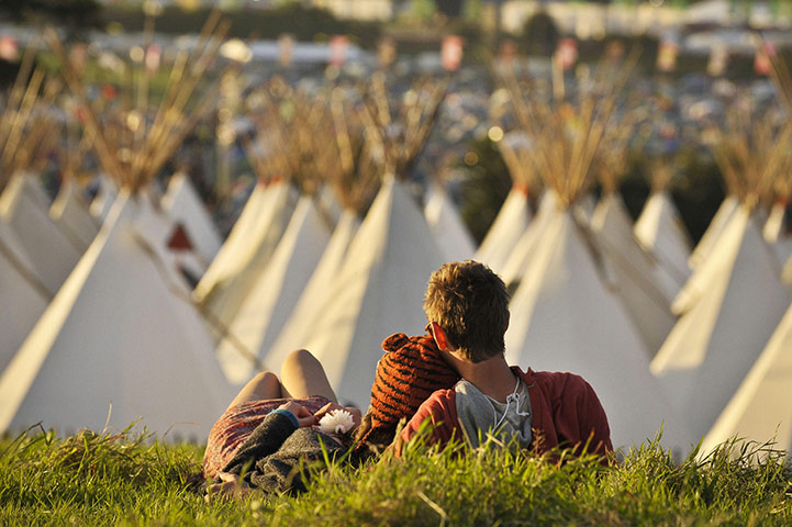Glastonbury day 1: Revellers look out onto teepees