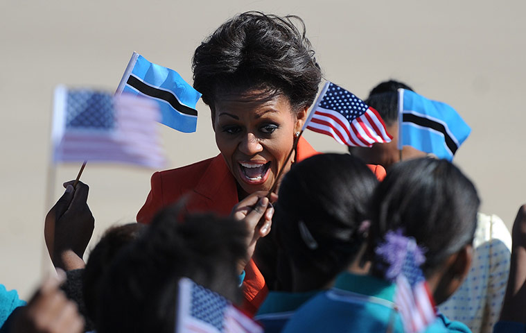 Michelle Obama: Michelle Obama greets school students in Gaborone, Botswana