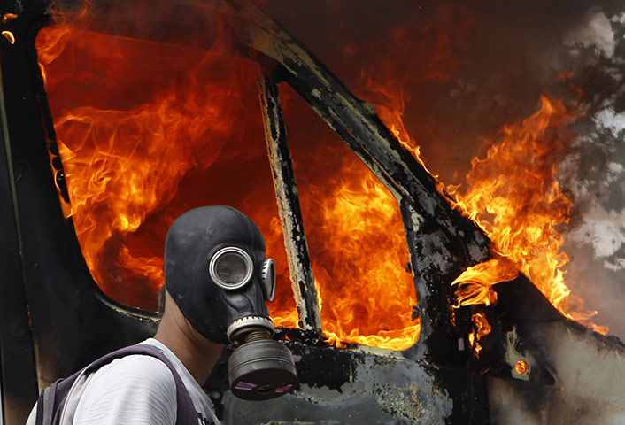 Greece strikes : burning outside broadcast van in Syntagma Square