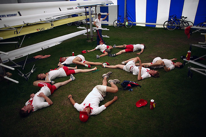 Henley Royal Regatta: Members of the Radley College Rowing Club warm up in the boat tent