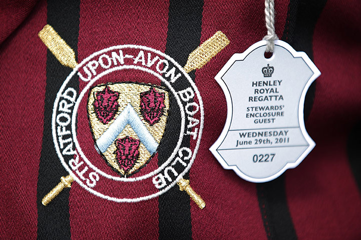 Henley Royal Regatta: A member of the Stratford Upon Avon Boat Club wears his guest badge