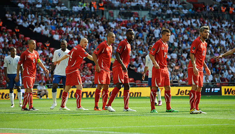 England v Switzerland: Senderos attempts to line up the Swiss defence at a free-kick 