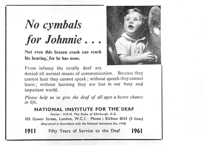 RNID centenary: A campaign advertisment entitled 'No Cymbals for Johnny'