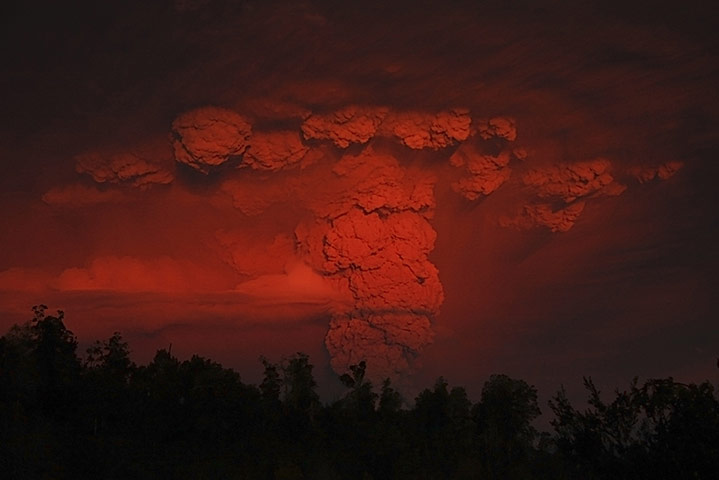 Volcano in Chile: The ash plume at sunset above the Puyehue-Cordon Caulle volcano chain 