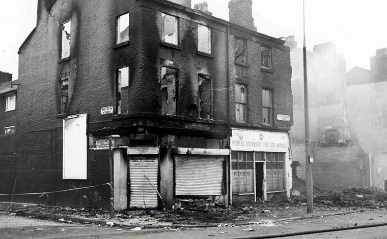Toxteth Riots: Still smouldering buildings gutted by fires
