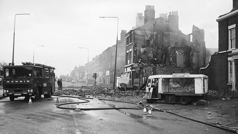 Toxteth Riots: A milk float on Upper Parliament Street
