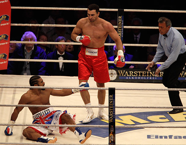 Haye v Klitschko: David Haye is thrown to the floor by Wladimir Klitschko