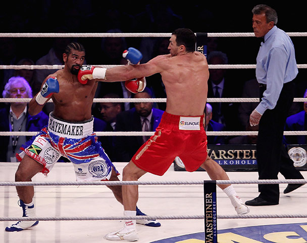 Haye v Klitschko: Wladimir Klitschko uses his jab to keep Haye away in the second round