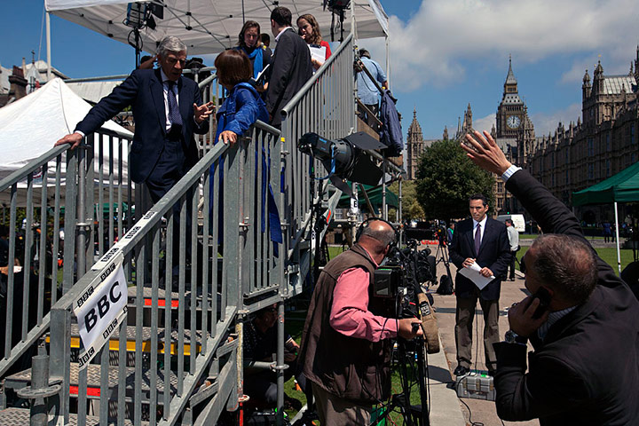 College Green media: Jack Straw and Tessa Jowell chat at the BBC outside studio on College Green
