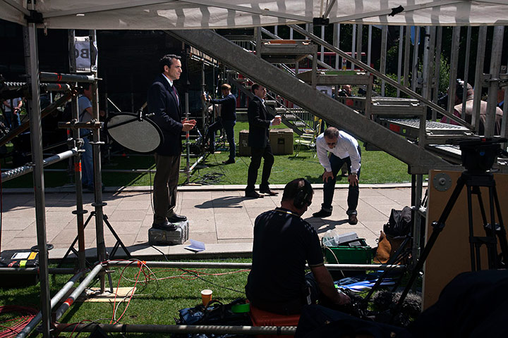 College Green media: A tv journalist is speaking at College Green