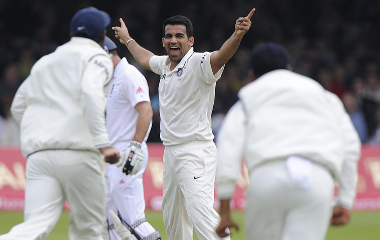 Eng v India 1st test: Zaheer Khan celebrates getting Cook LBW