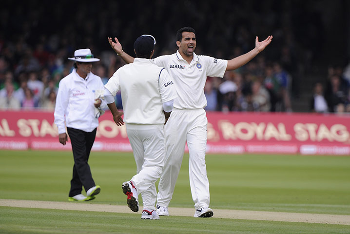Eng v India 1st test: Zaheer Khan celebrates taking the wicket of Strauss