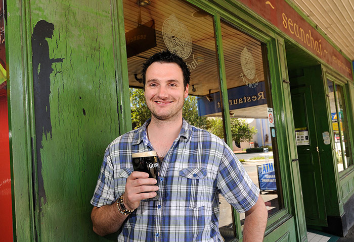 Religious Faces: Seanchai Irish pub with an image of Jesus Christ on the door