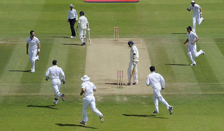 England v India Final day: Anderson celebrates taking the wicket of Laxman