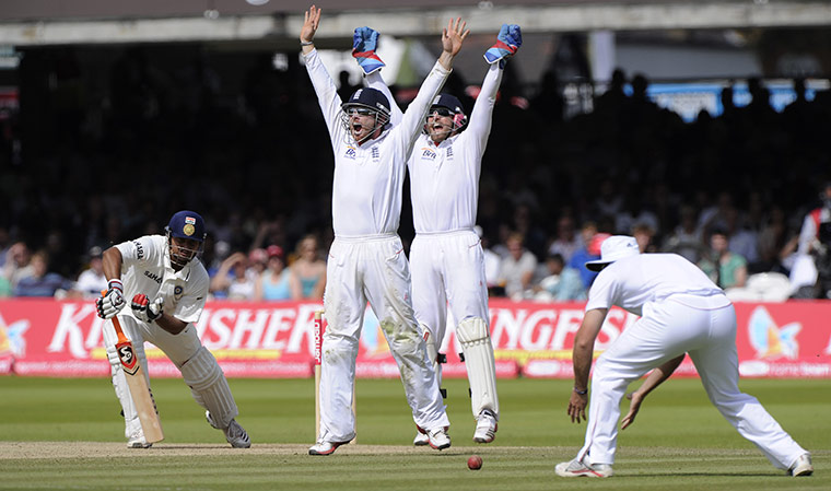 England v India fifth day: Bell and Prior appeal for an LBW on Raina off bowling of Pietersen