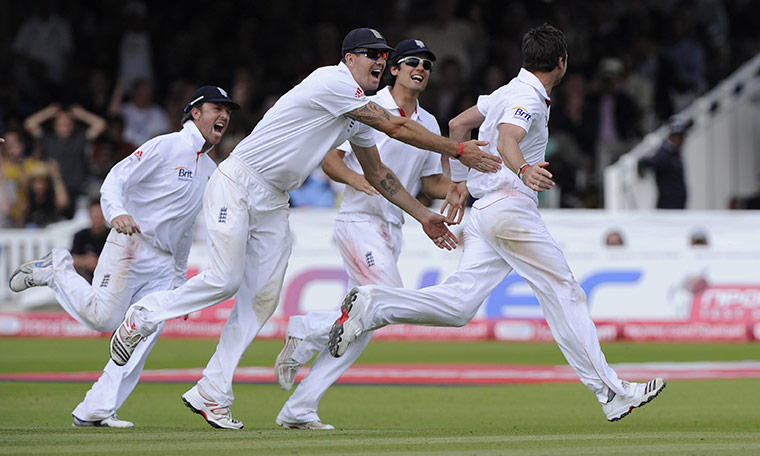 England v India fifth day: Jimmy Anderson celebrates getting his fifth wicket 